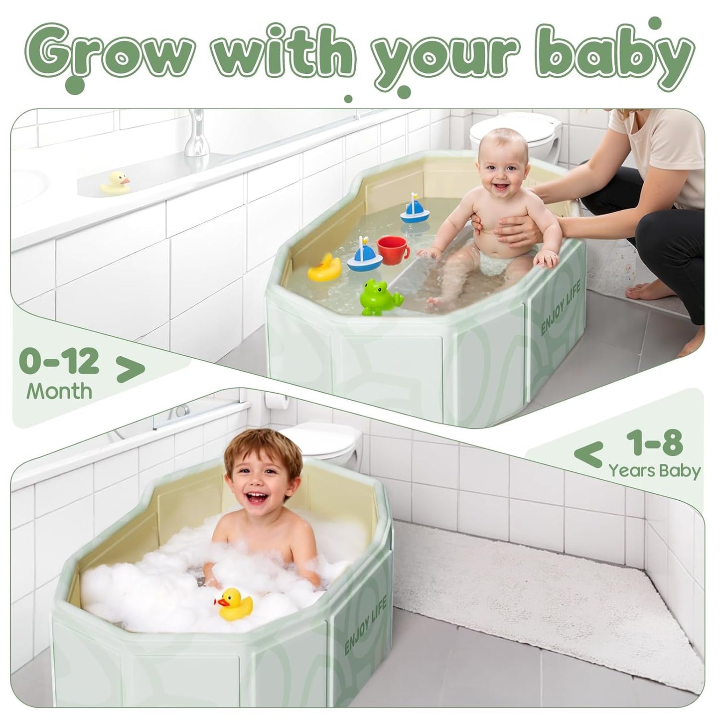 Collapsible Baby Bathtub for Shower, Portable Foldable Toddler Bath Tub with Non-Slip Base, Compact Travel Essentials for Kids & Infants, Easy Storage in Small Spaces, Green