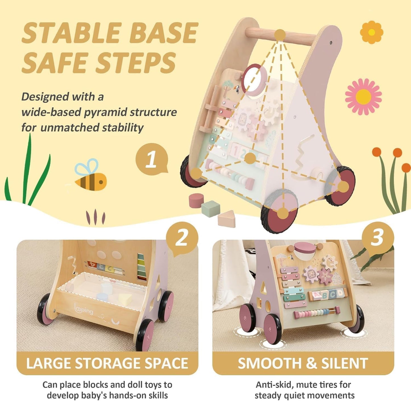 Wooden Baby Walker with Anti-Tip Design, Montessori Activity Center for Babies 6-18 Months, Sit-to-Stand Push Toy with Sensory Features – Ideal Learning Walk Gift for Toddlers