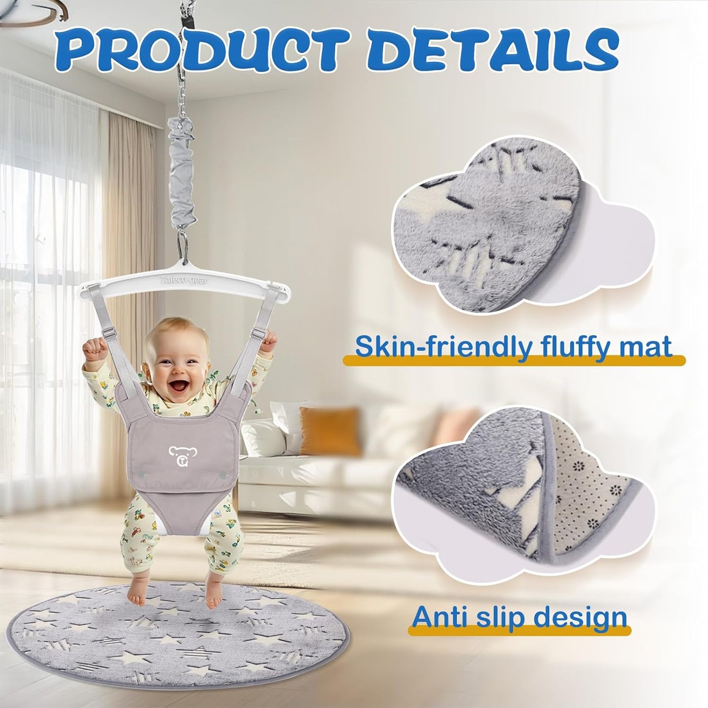 Baby Jumper with a Ceiling Hook for Infant & Toddlers with Adjustable Chain, Bouncers for Indoor/Outdoor, Baby Doorway Jumper with Soft Rug