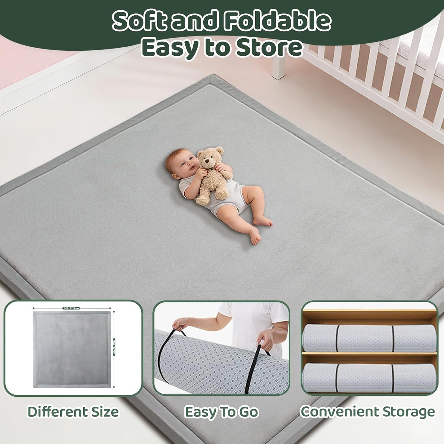 Baby Play Mat for Floor, 1.3 Inch Thick Memory Foam Tummy Time Mat with Non Slip Backing, Soft Coral Velvet 50×50 Inch Playpen Mat Crawling Tatami for Infants Toddlers Kids