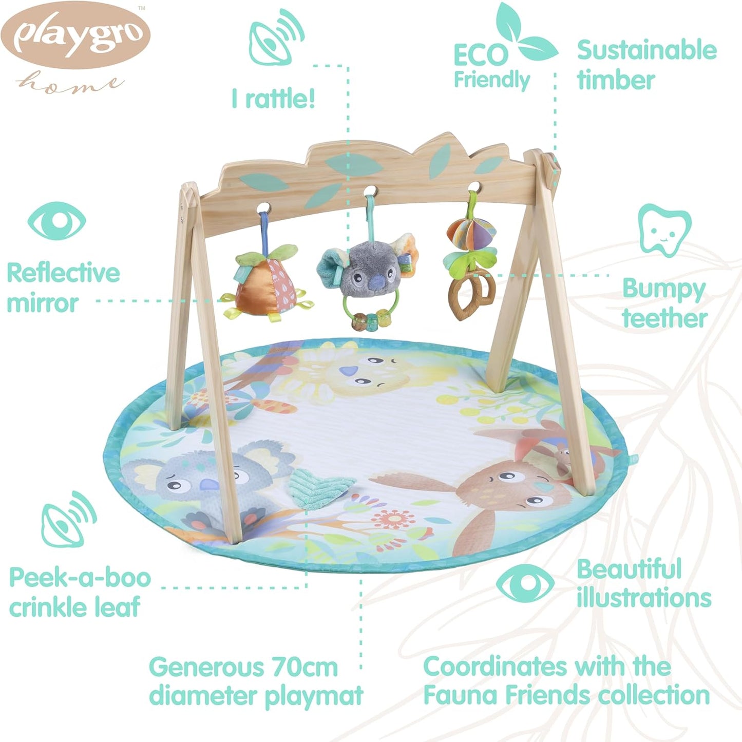 Playgro Fauna Friends Wooden Baby Activity Gym - Baby Play Mat for Floor with 3 Hanging Toys - Jungle Themed Baby Gym for Sensory Development - Wooden Baby Gym Play Mat for Newborns & Infants