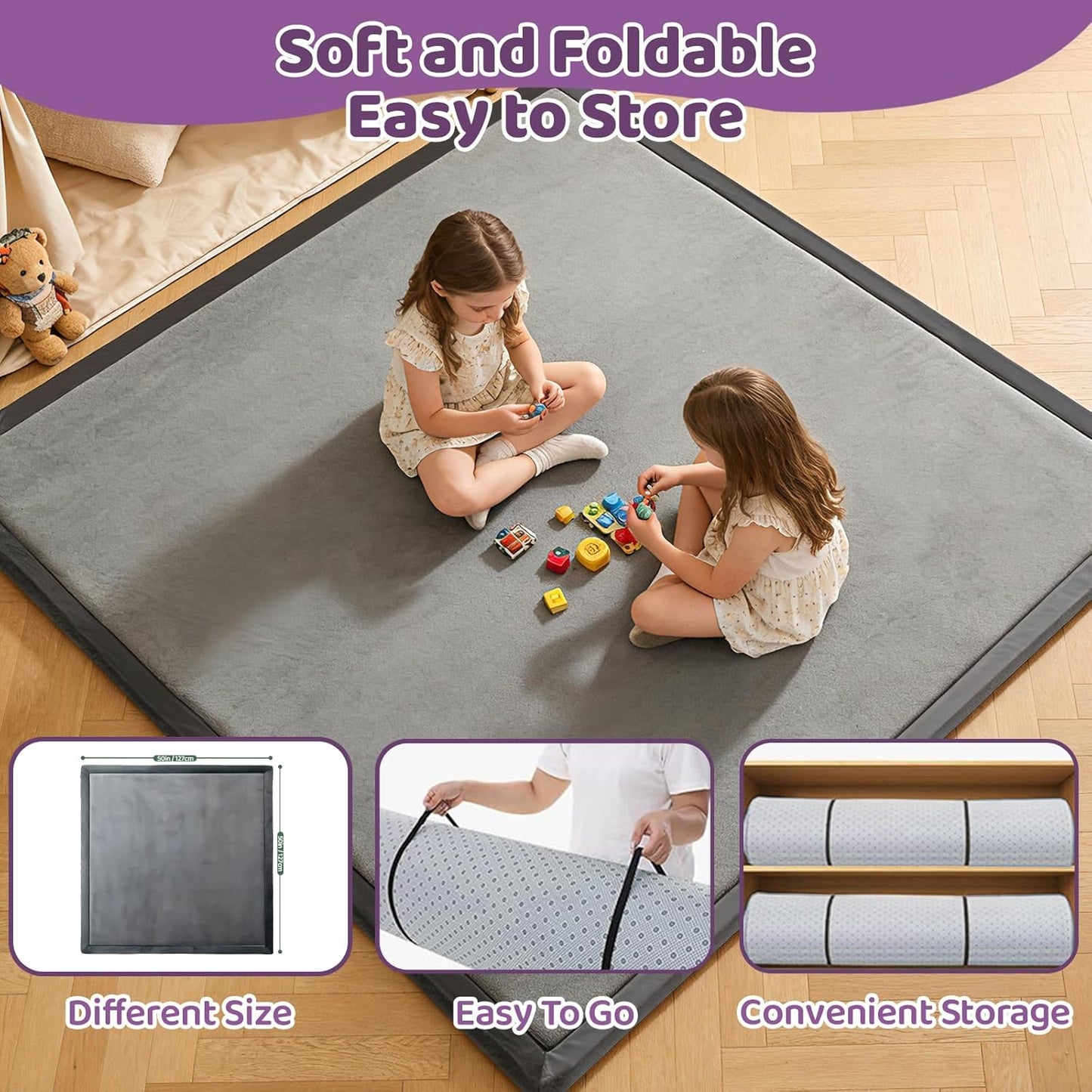 Baby Play Mat for Floor, 1.3 Inch Thick Memory Foam Tummy Time Mat with Non Slip Backing, Soft Coral Velvet 50×50 Inch Playpen Mat Crawling Tatami for Infants Toddlers Kids