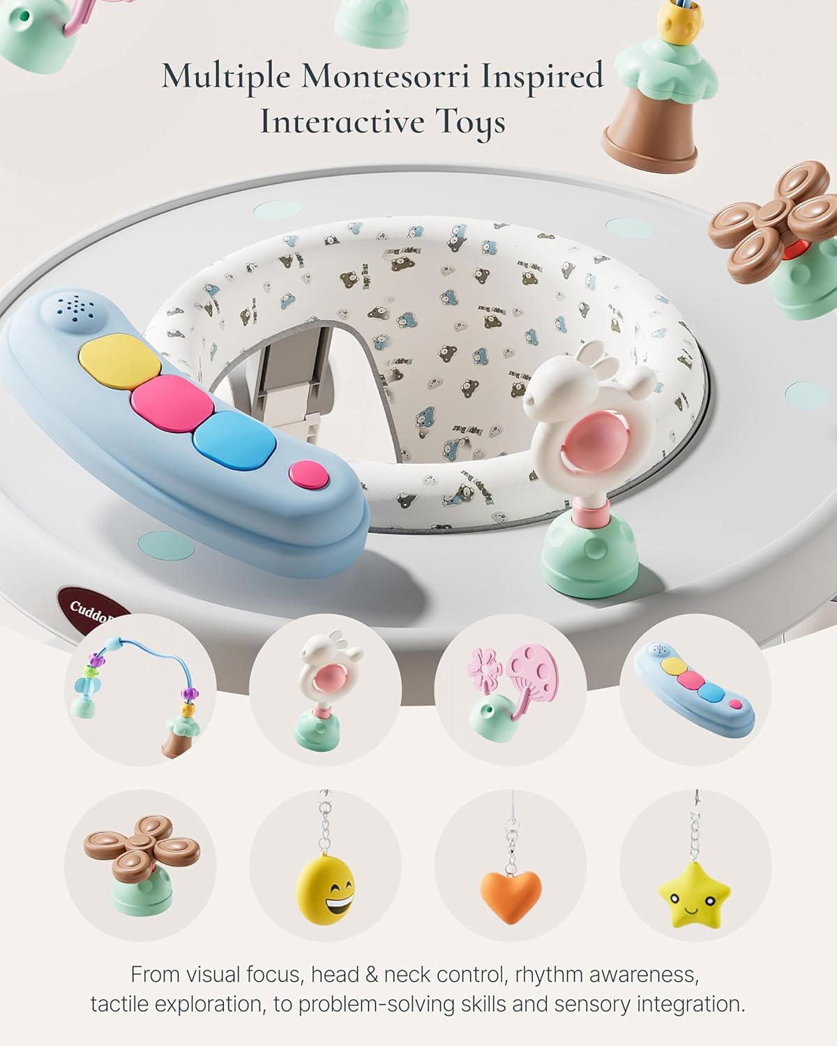 Baby Jumper 4-Stage Convertible| Montessori -Inspired 8 Interactive Toys| Tummy Time Playmat, Bouncer, Exersaucer, Toddler Table| Music & Lights | 3-6, 6-12, 12-18, 12-24 Months - Gray
