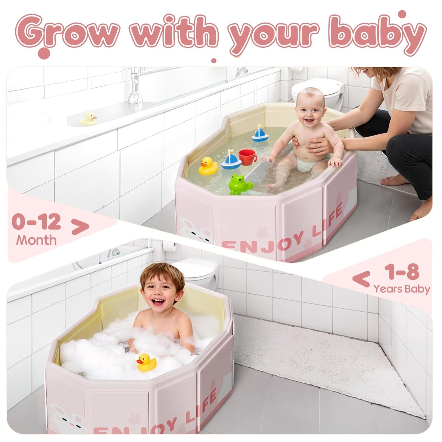 Collapsible Baby Bathtub for Shower, Portable Foldable Toddler Bath Tub with Non-Slip Base, Compact Travel Essentials for Kids & Infants, Easy Storage in Small Spaces, Pink