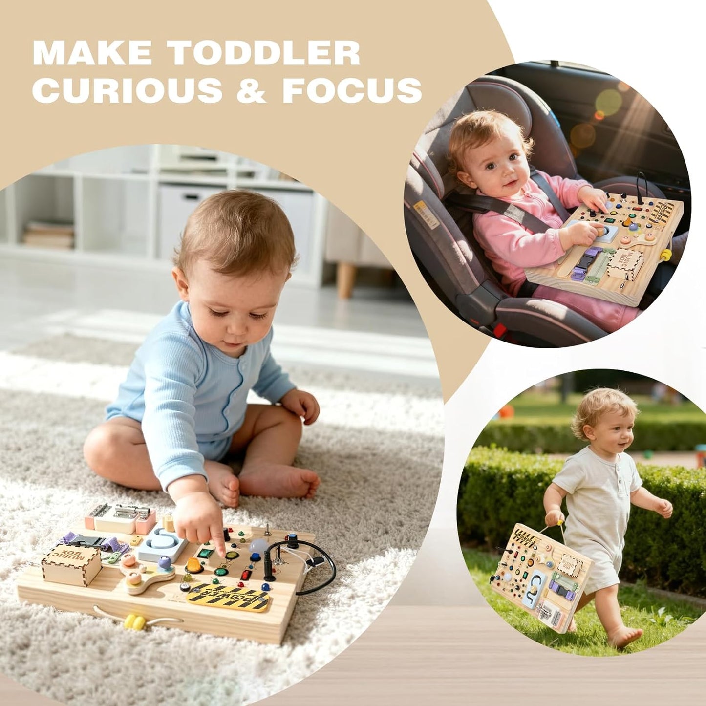 Wooden Montessori Busy Board for Toddlers – Sensory Learning Activity Board with Switches, Music Box & Locks