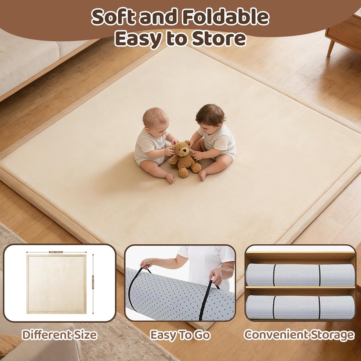 Baby Play Mat for Floor, 1.3 Inch Thick Memory Foam Tummy Time Mat with Non Slip Backing, Soft Coral Velvet 50×50 Inch Playpen Mat Crawling Tatami for Infants Toddlers Kids