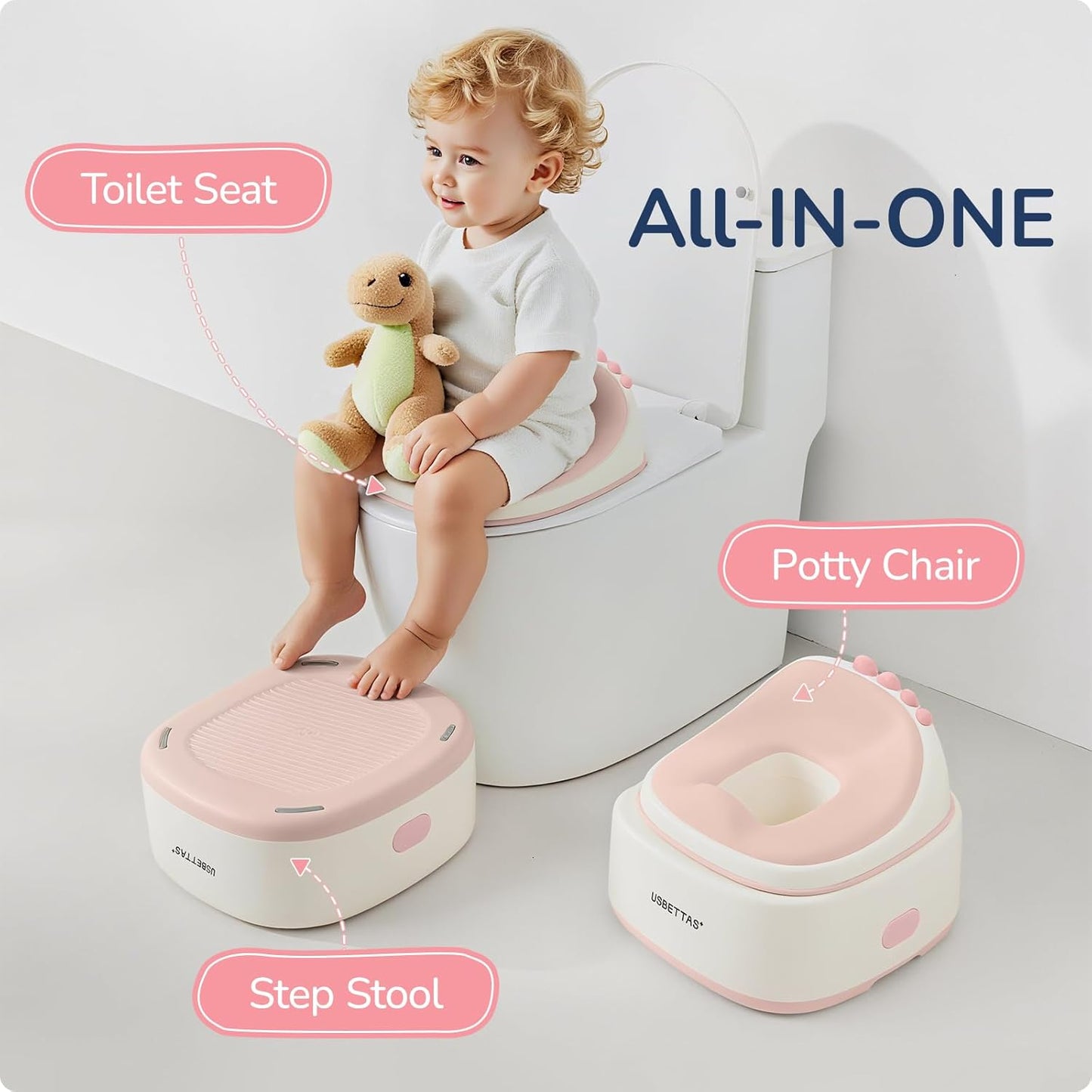 3 in 1 Potty Training Toilet, Dinosaur Toddler Potty Training Seat for Boys Girls with Comfortable Cushion, Easy-to-Clean and Anti-Slip Potty Training Step Stool for Toilet