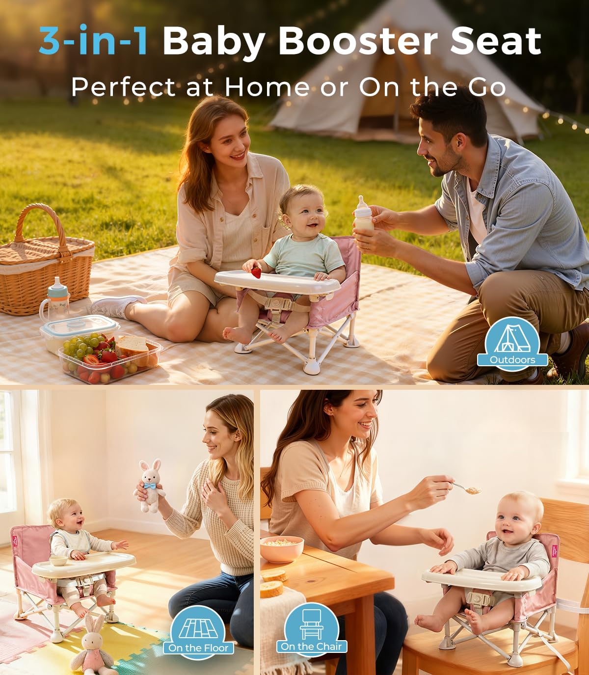 Portable Baby Chair, Baby Booster Seat with 2-Pack Seat Covers & Travel Bag for Camping & Baby Beach Chair | Toddler Folding Chair with Tray, Tip-Free Design, Straps to Kitchen Chairs