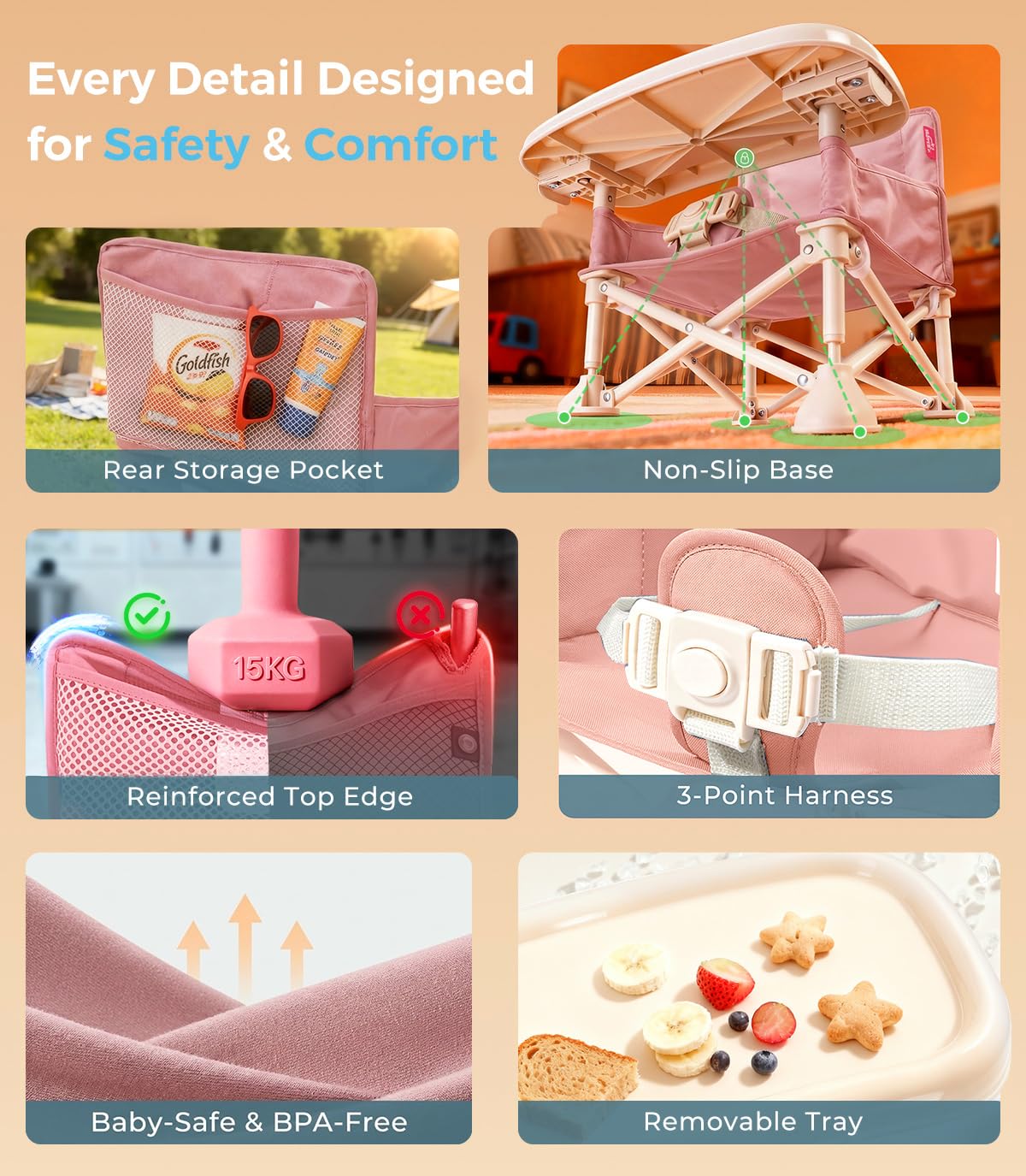 Portable Baby Chair, Baby Booster Seat with 2-Pack Seat Covers & Travel Bag for Camping & Baby Beach Chair | Toddler Folding Chair with Tray, Tip-Free Design, Straps to Kitchen Chairs