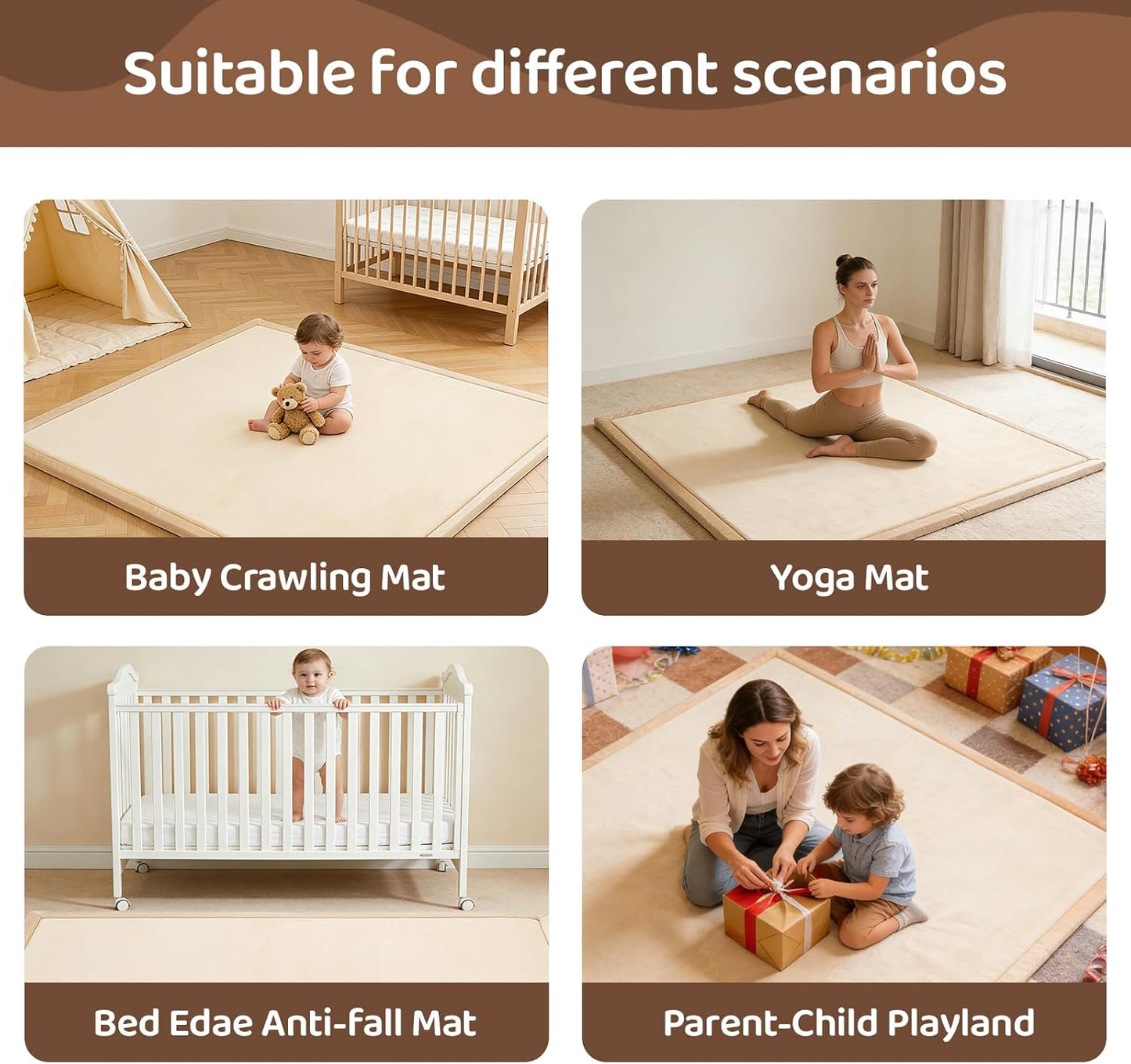 Baby Play Mat for Floor, 1.3 Inch Thick Memory Foam Tummy Time Mat with Non Slip Backing, Soft Coral Velvet 50×50 Inch Playpen Mat Crawling Tatami for Infants Toddlers Kids
