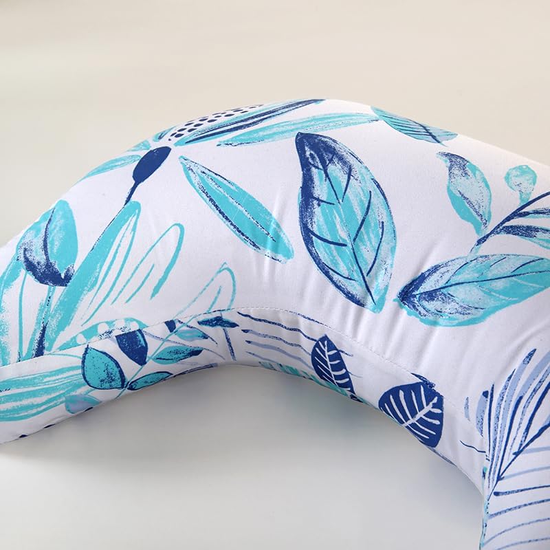 Whispering Leaves 1 Piece Nursing Pillowcase, C-Shaped Breastfeeding Support Cushion Cover, Blue and White Tropical Leaf Pattern, Polyester Fill, Standard Size