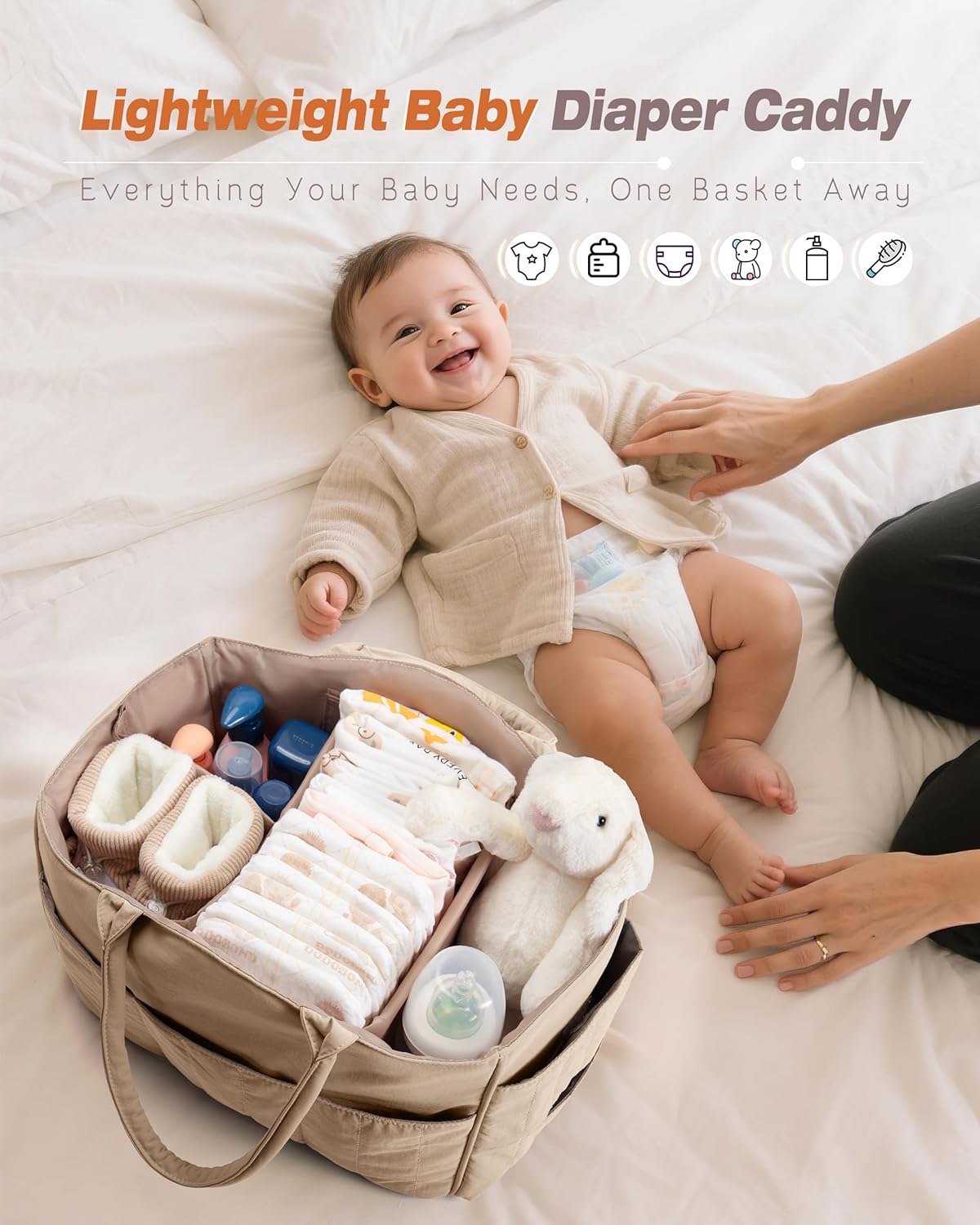 Baby Diaper Caddy with Detachable Dividers and Wipes Pocket, Lightweight Baby Caddy Organizer with Handles and 8 Pockets for Baby Stuff, Camel