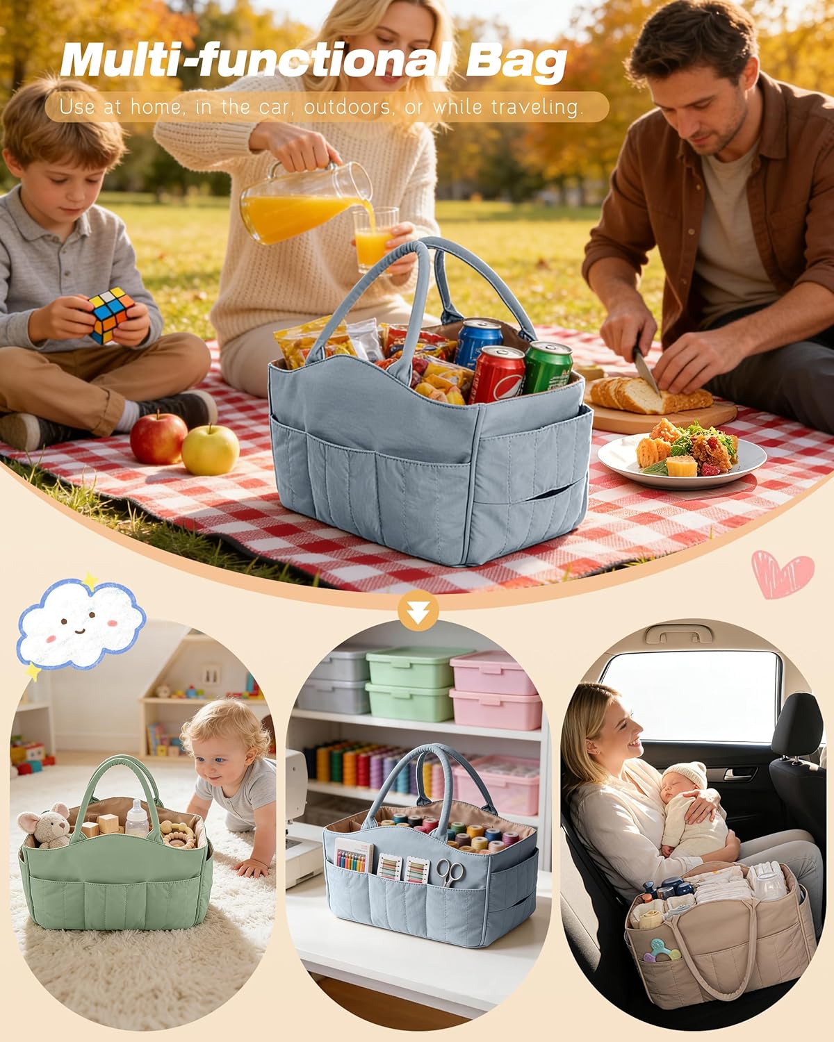Baby Diaper Caddy with Detachable Dividers and Wipes Pocket, Lightweight Baby Caddy Organizer with Handles and 8 Pockets for Baby Stuff, Camel