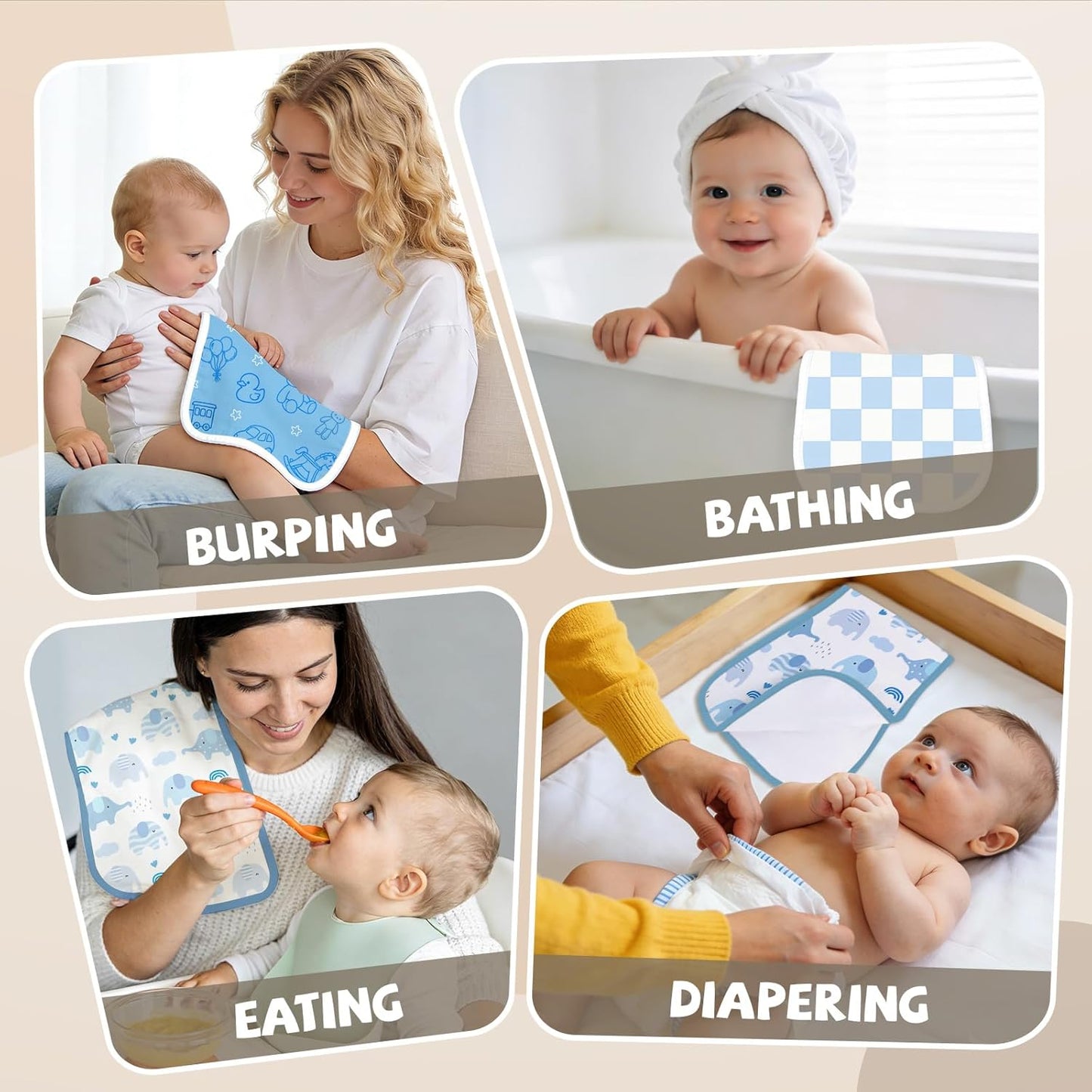 8 Pack Burp Cloths Organic Cotton, Blue Bows Baby Burp Cloths Girls, Absorbent Baby Burping Cloth, Soft Burping Cloth Set for Feeding, New Mom Gifts for Newborns Essentials Gift Set, 19”x9”