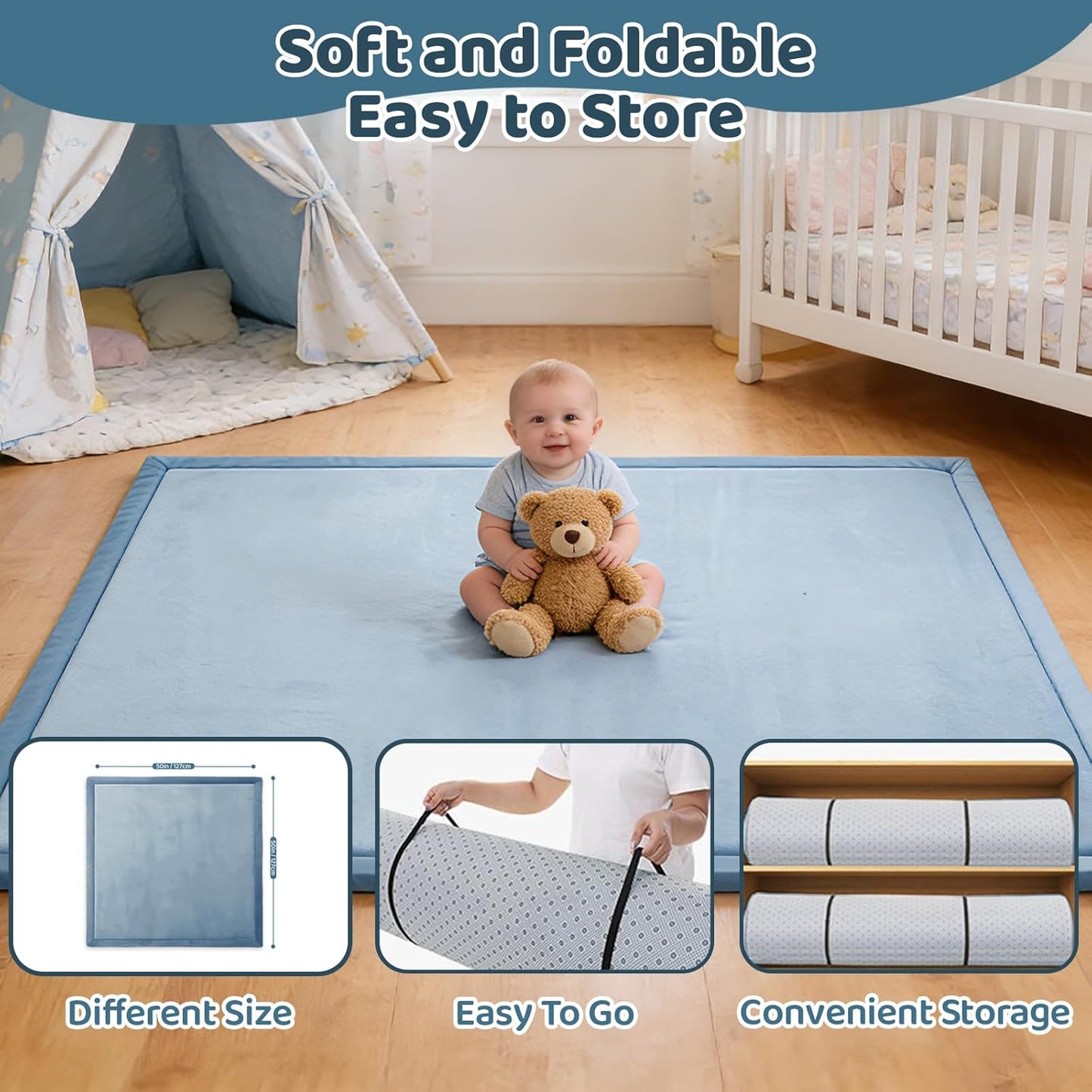 Baby Play Mat for Floor, 1.3 Inch Thick Memory Foam Tummy Time Mat with Non Slip Backing, Soft Coral Velvet 50×50 Inch Playpen Mat Crawling Tatami for Infants Toddlers Kids