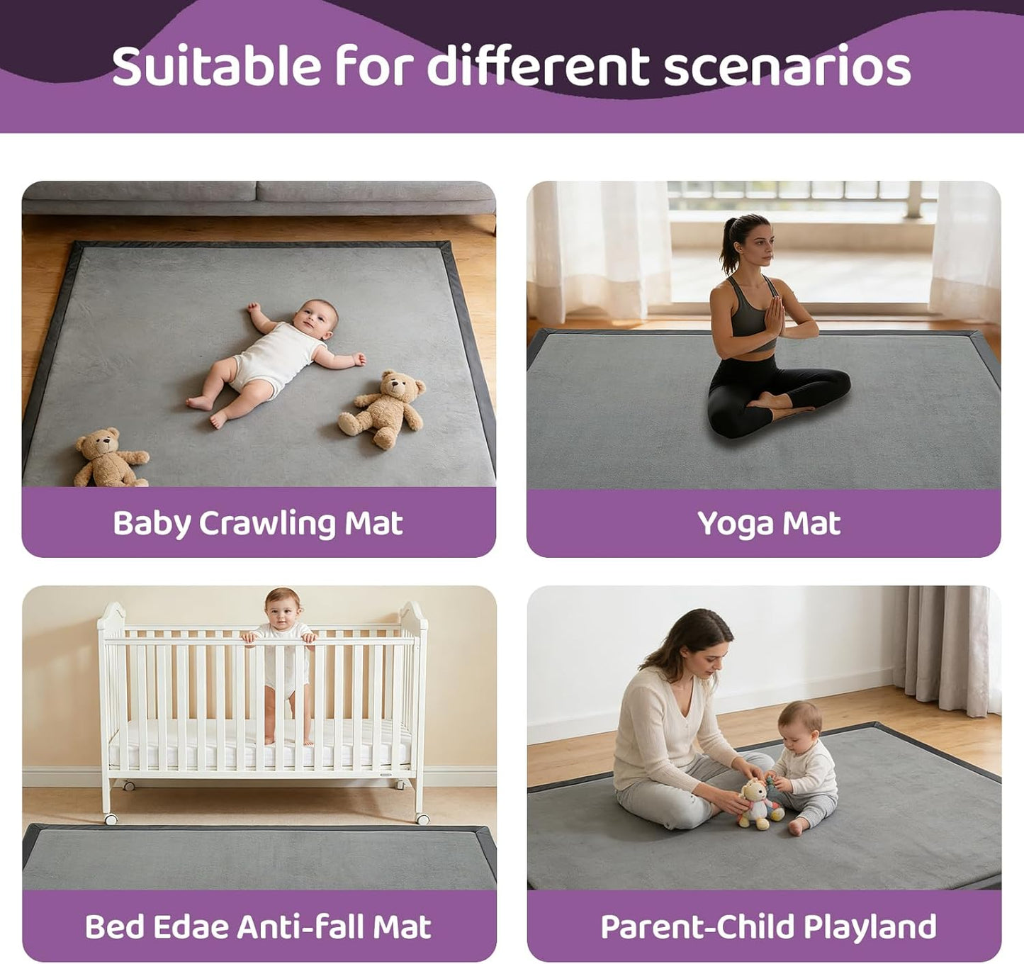 Baby Play Mat for Floor, 1.3 Inch Thick Memory Foam Tummy Time Mat with Non Slip Backing, Soft Coral Velvet 50×50 Inch Playpen Mat Crawling Tatami for Infants Toddlers Kids