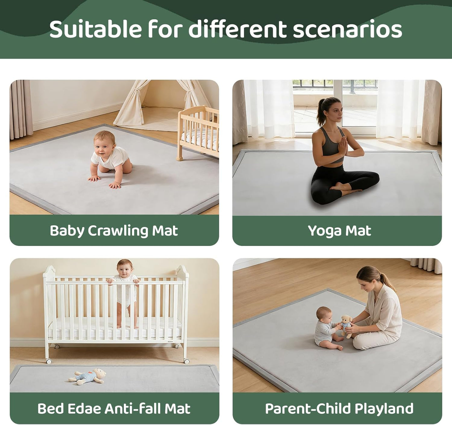 Baby Play Mat for Floor, 1.3 Inch Thick Memory Foam Tummy Time Mat with Non Slip Backing, Soft Coral Velvet 50×50 Inch Playpen Mat Crawling Tatami for Infants Toddlers Kids