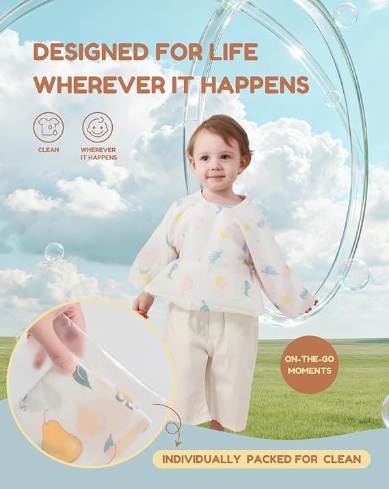 Disposable Baby Bibs for Baby Boys and Girls - Long Sleeve Bib Individually Wrapped Waterproof Baby Bibs 16 pcs