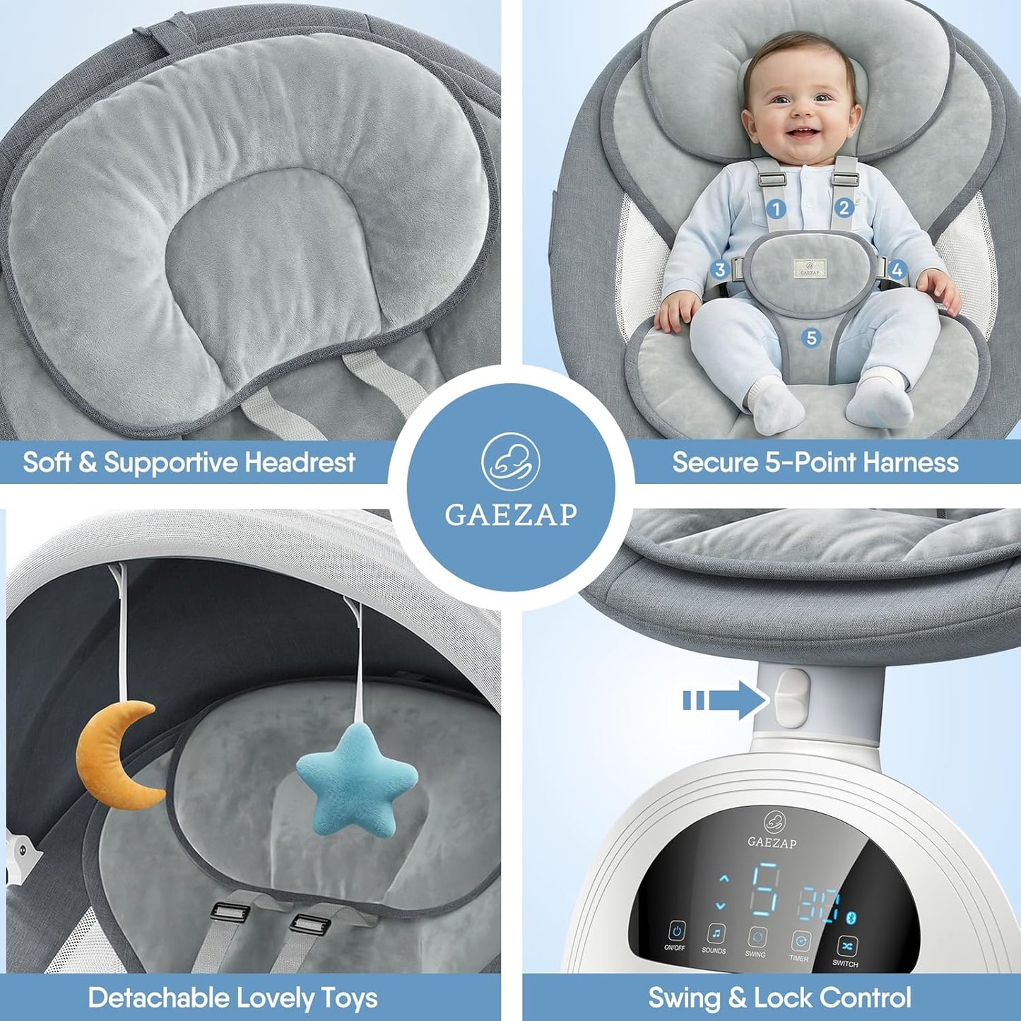 Electric Baby Swing for Infants, Portable Infant Swing with Music Speaker, 5 Swing Speeds, Remote Control, for Indoor Use, Newborn Boys & Girls, White