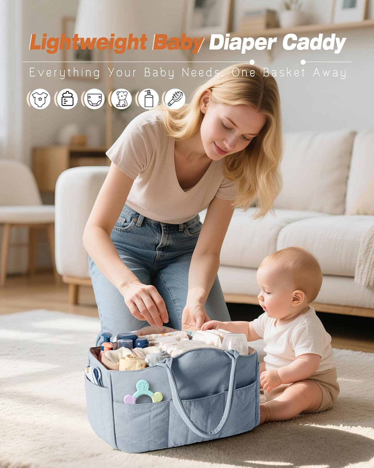 Baby Diaper Caddy with Detachable Dividers and Wipes Pocket, Lightweight Baby Caddy Organizer with Handles and 8 Pockets for Baby Stuff, Camel