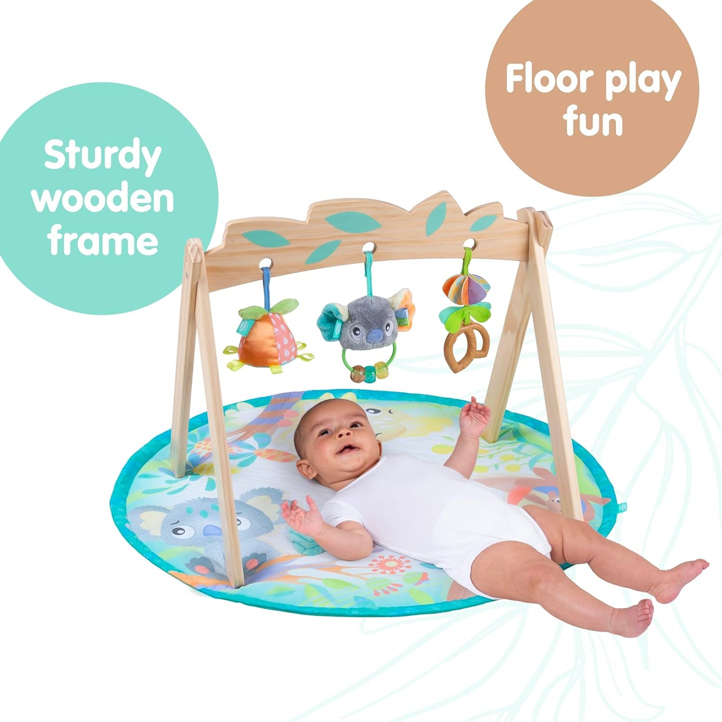 Playgro Fauna Friends Wooden Baby Activity Gym - Baby Play Mat for Floor with 3 Hanging Toys - Jungle Themed Baby Gym for Sensory Development - Wooden Baby Gym Play Mat for Newborns & Infants