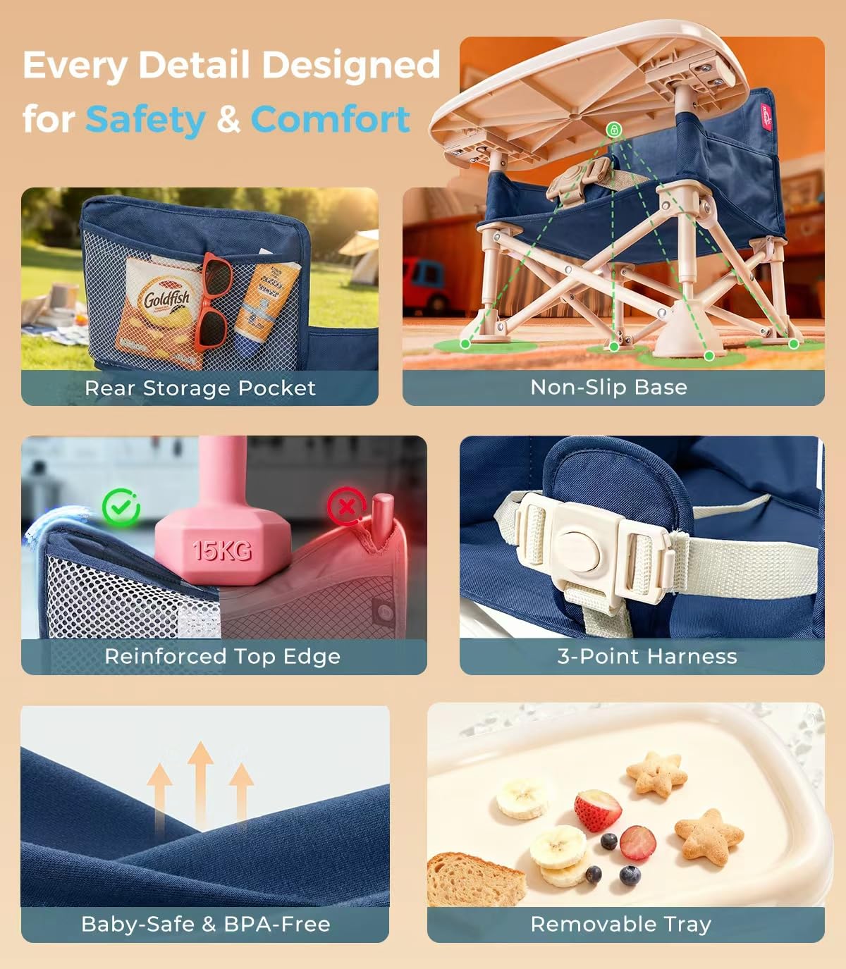 Portable Baby Chair, Baby Booster Seat with 2-Pack Seat Covers & Travel Bag for Camping & Baby Beach Chair | Toddler Folding Chair with Tray, Tip-Free Design, Straps to Kitchen Chairs