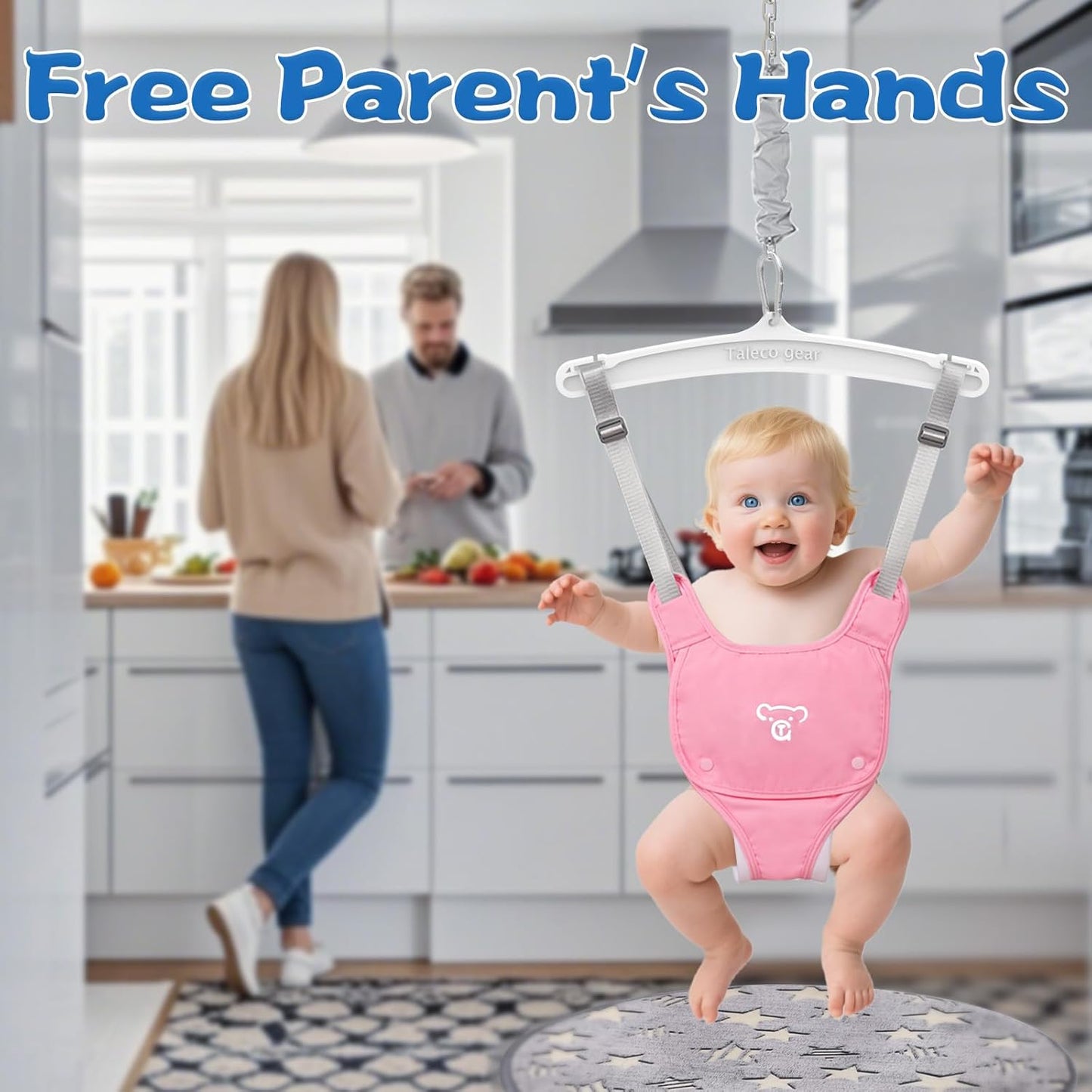 Baby Jumper with a Ceiling Hook for Infant & Toddlers with Adjustable Chain, Bouncers for Indoor/Outdoor, Baby Doorway Jumper with Soft Rug
