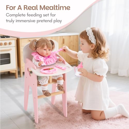 Wooden Baby Doll High Chair Feeding Set | Pretend Play Toy for Kids