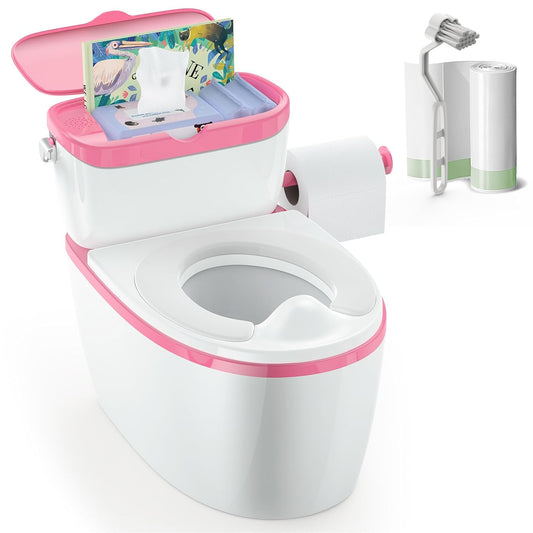 3-in-1 Toddler Potty Training Toilet with Flushing Sound – Potty Chair with Wipes Storage & Toilet Paper Holder (18+ Months) | Pink