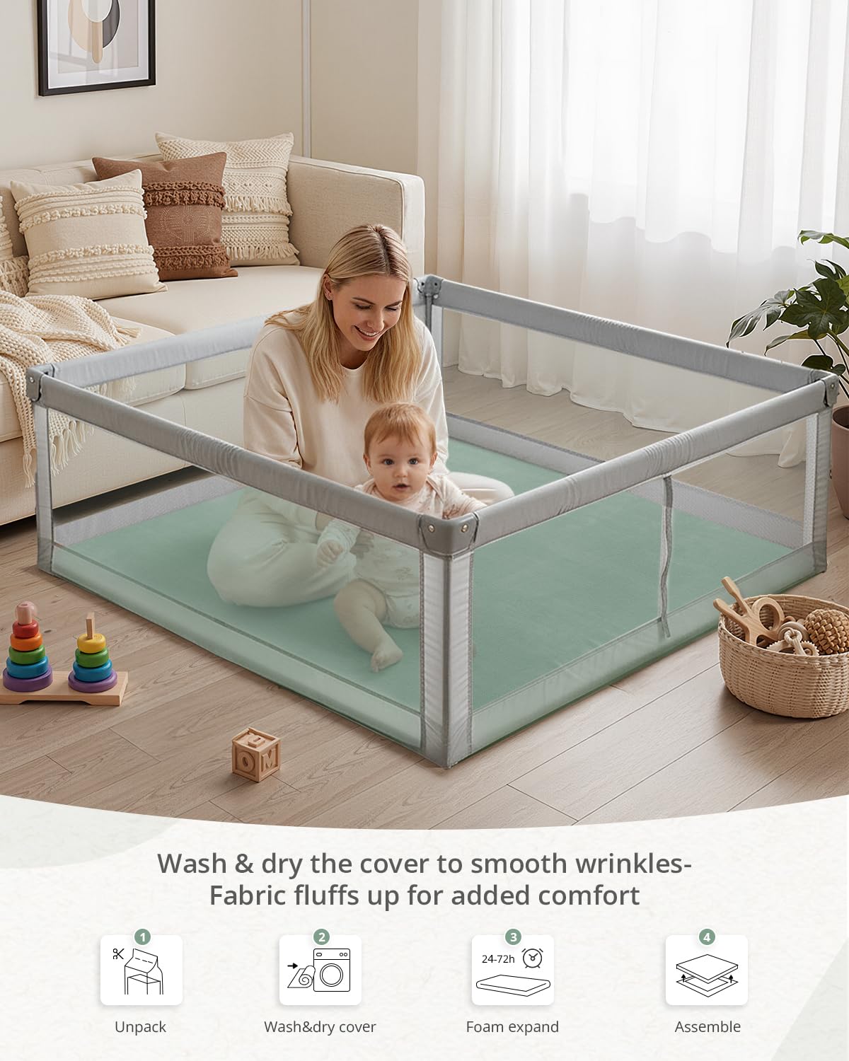 Thick Baby Play Mat 1.3'', 50x50 Playpen Mat with Removable & Washable Cover, Ultra Soft Crawling Rug for Floor, Foam Cushion & Non-Slip Backing for Kids, Toddlers