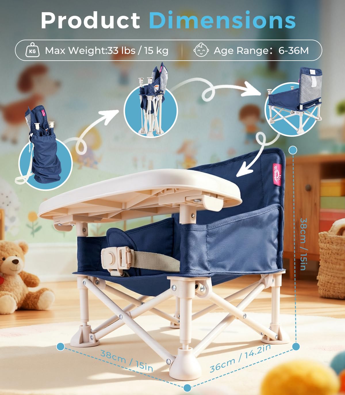 Portable Baby Chair, Baby Booster Seat with 2-Pack Seat Covers & Travel Bag for Camping & Baby Beach Chair | Toddler Folding Chair with Tray, Tip-Free Design, Straps to Kitchen Chairs