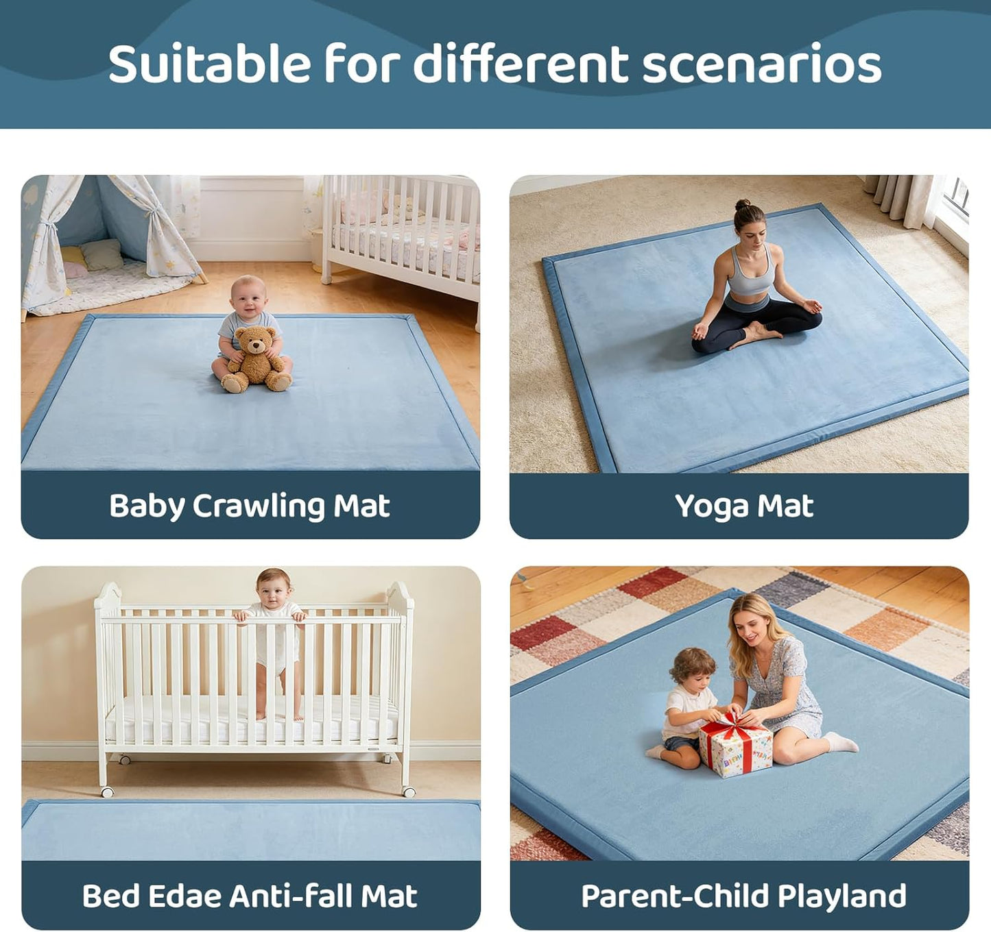 Baby Play Mat for Floor, 1.3 Inch Thick Memory Foam Tummy Time Mat with Non Slip Backing, Soft Coral Velvet 50×50 Inch Playpen Mat Crawling Tatami for Infants Toddlers Kids