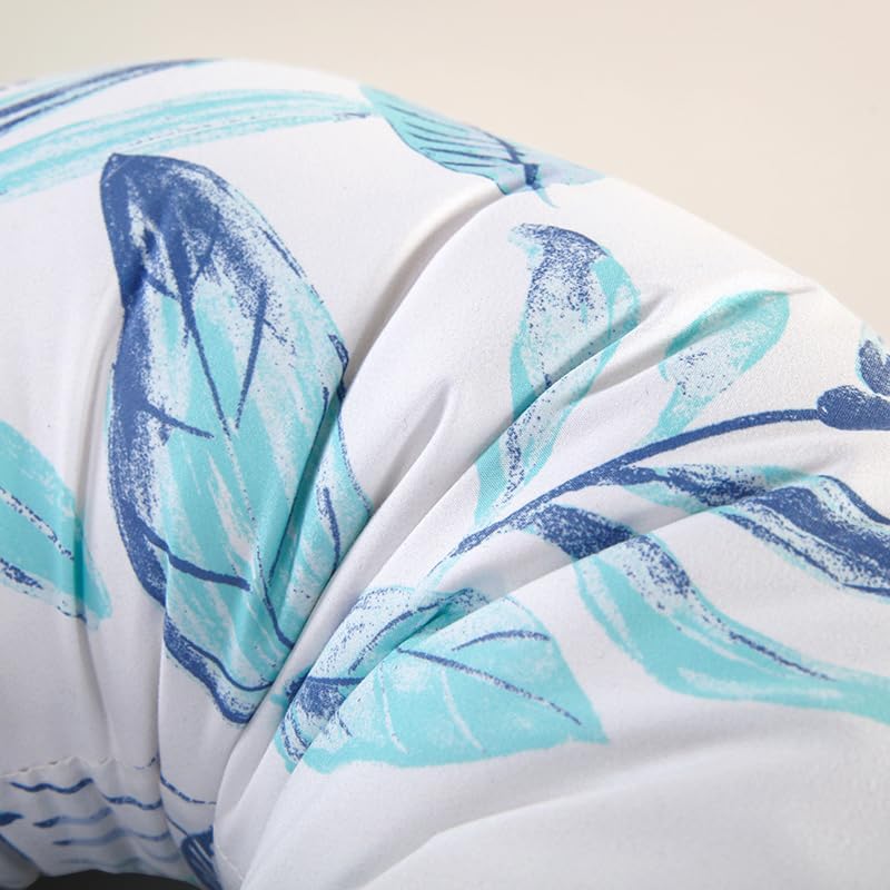 Whispering Leaves 1 Piece Nursing Pillowcase, C-Shaped Breastfeeding Support Cushion Cover, Blue and White Tropical Leaf Pattern, Polyester Fill, Standard Size