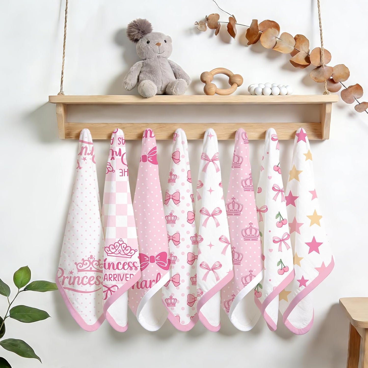 8 Pack Burp Cloths Organic Cotton, Pink Bows Baby Burp Cloths Girls, Absorbent Baby Burping Cloth, Soft Burping Cloth Set for Feeding, New Mom Gifts for Newborns Essentials Gift Set, 19”x9”