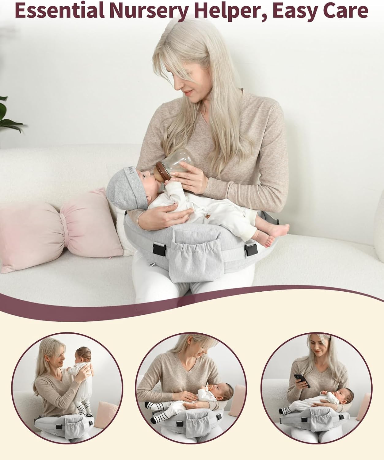 Nursing Pillow - Adjustable Waist Strap with 2 Removable Cotton Cover, Memory Foam - Stable, Ergonomic Support, Easier Breastfeeding - Newborn Essentials Must Haves Baby Registry Search