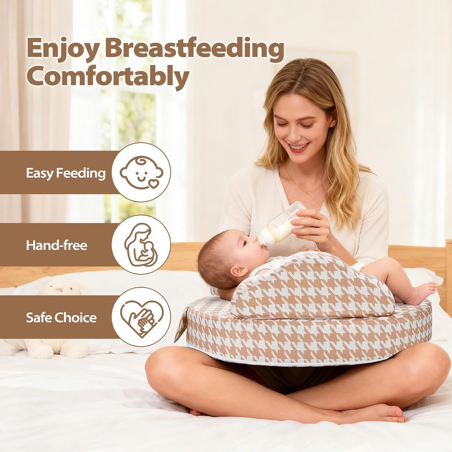 Nursing Pillow -Memory Foam Bottle & Breastfeeding Pillow with Safety Fence -Ergonomic Support, with Wider Breast Feeding Cushion, Adjustable, Removable Cover, Baby Safety
