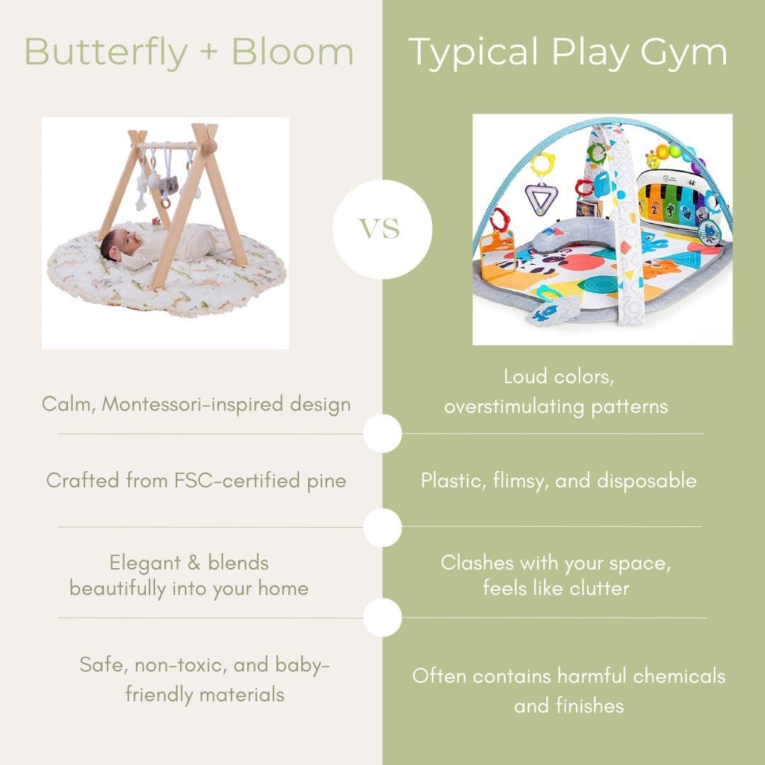 Montessori Wooden Baby Play Gym and Mat | Heirloom-Quality FSC Pine, Reversible Washable Mat, Includes Hanging Toys | Neutral Baby Activity Gym for Newborn to 6 Months
