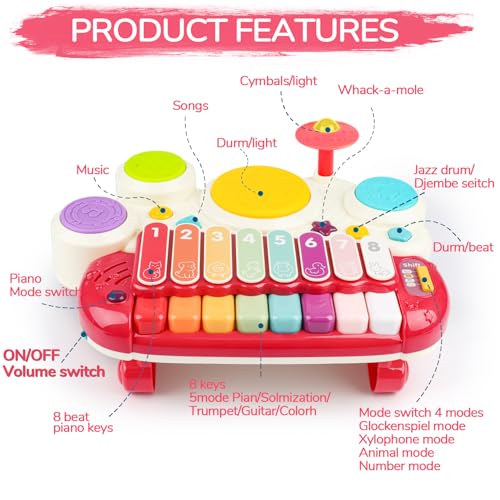 AugToy 3-in-1 Musical Toys for Toddlers  Piano, Xylophone & Drum Set for Kids Ages 1–3