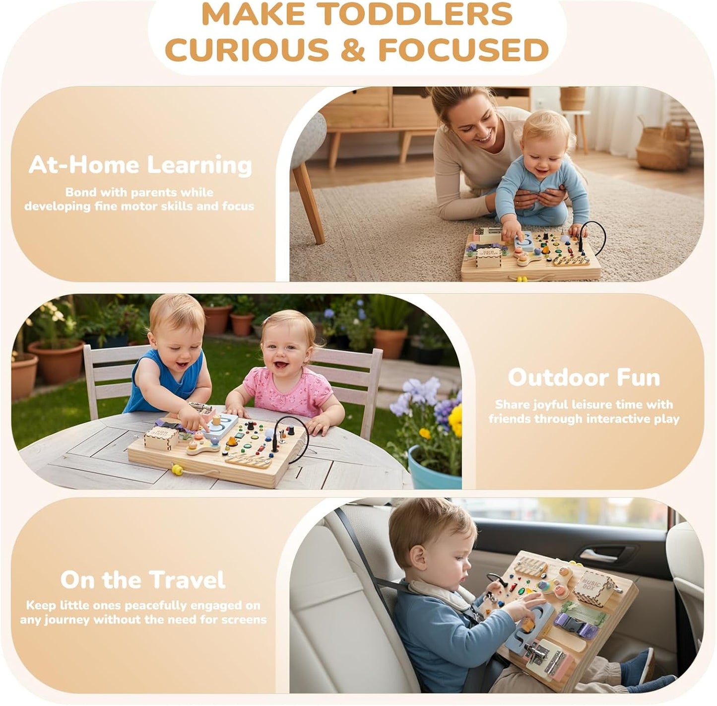 Wooden Montessori Busy Board for Toddlers – Sensory Learning Activity Board with Switches, Music Box & Locks