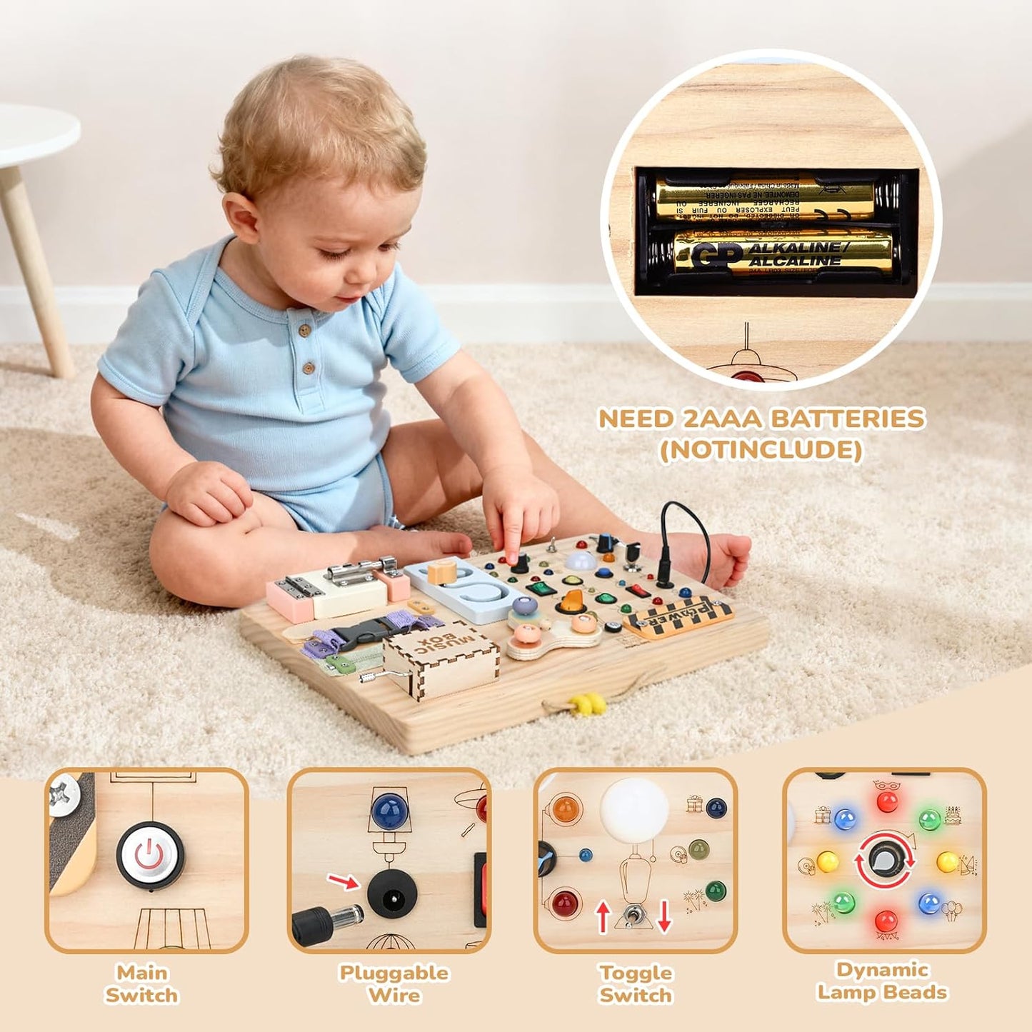 Wooden Montessori Busy Board for Toddlers – Sensory Learning Activity Board with Switches, Music Box & Locks