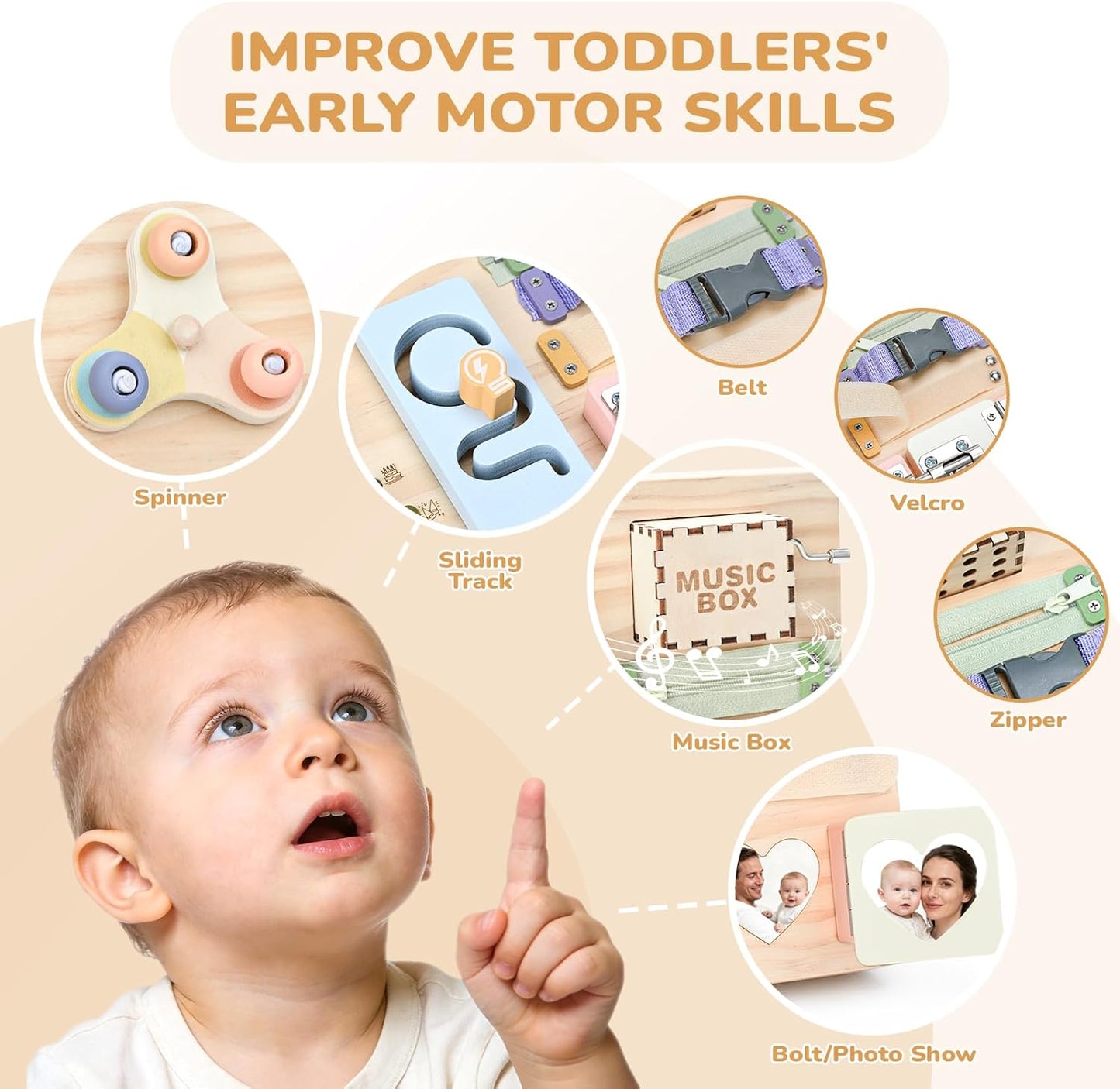 Wooden Montessori Busy Board for Toddlers – Sensory Learning Activity Board with Switches, Music Box & Locks