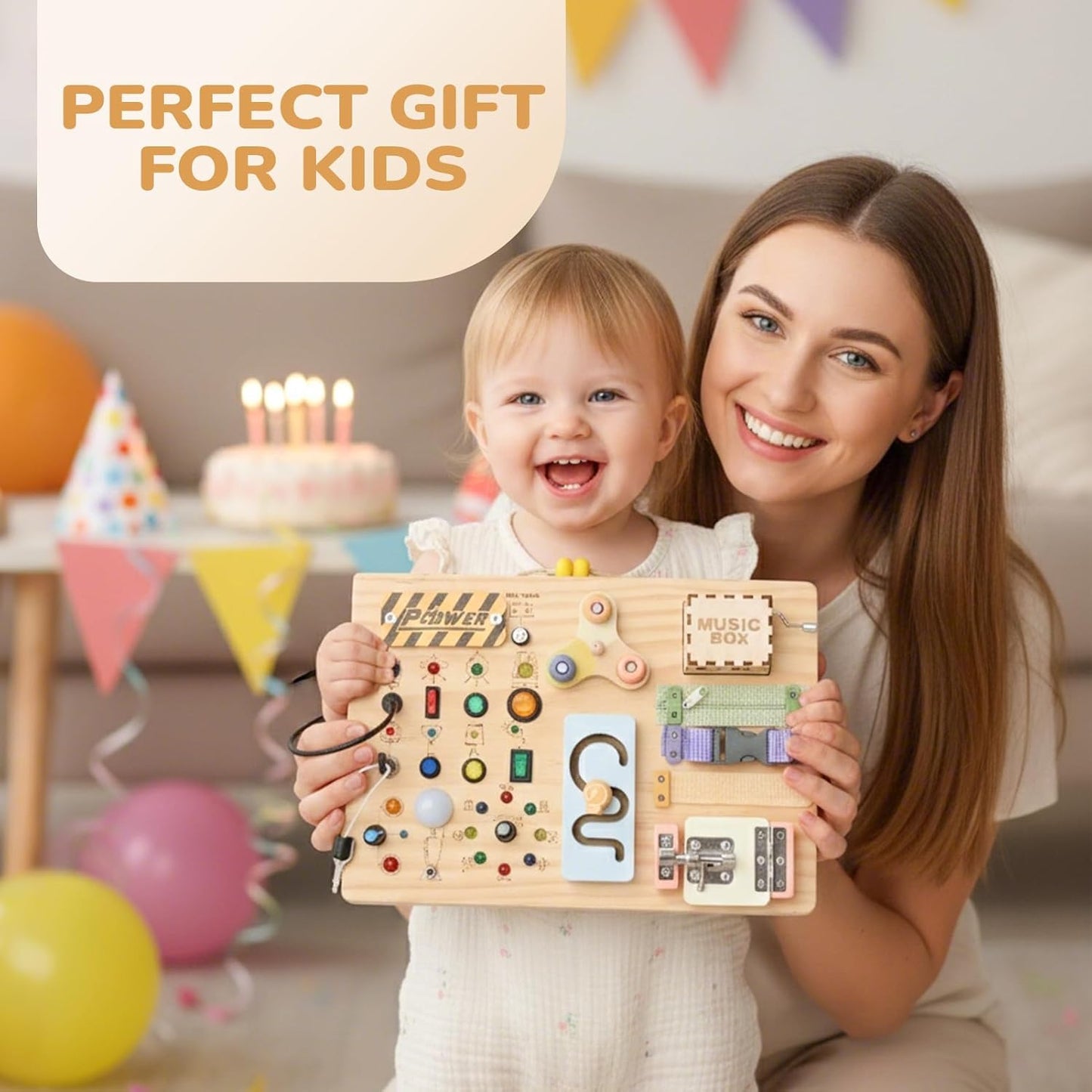 Wooden Montessori Busy Board for Toddlers – Sensory Learning Activity Board with Switches, Music Box & Locks