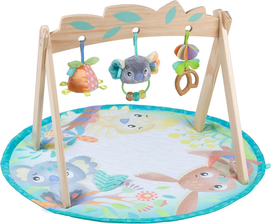 Playgro Fauna Friends Wooden Baby Activity Gym - Baby Play Mat for Floor with 3 Hanging Toys - Jungle Themed Baby Gym for Sensory Development - Wooden Baby Gym Play Mat for Newborns & Infants