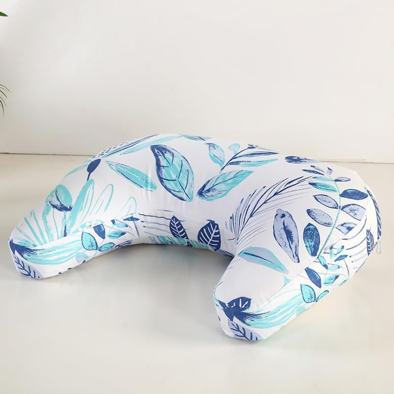 Whispering Leaves 1 Piece Nursing Pillowcase, C-Shaped Breastfeeding Support Cushion Cover, Blue and White Tropical Leaf Pattern, Polyester Fill, Standard Size