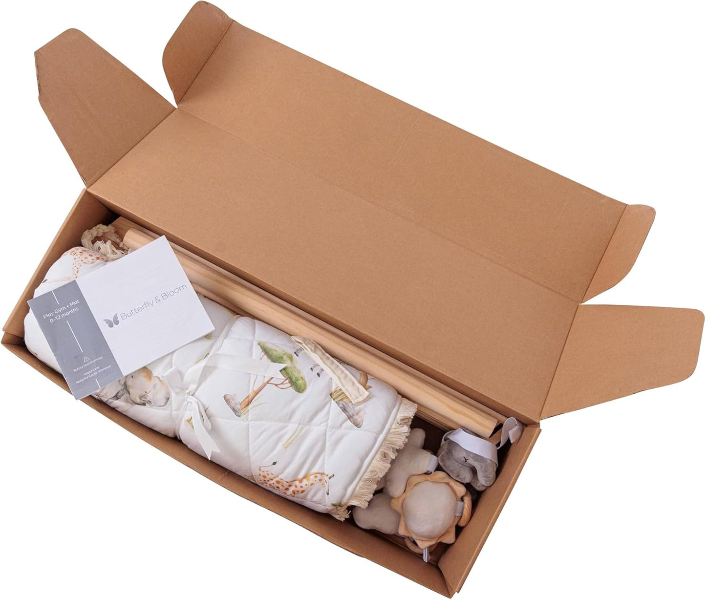 Montessori Wooden Baby Play Gym and Mat | Heirloom-Quality FSC Pine, Reversible Washable Mat, Includes Hanging Toys | Neutral Baby Activity Gym for Newborn to 6 Months