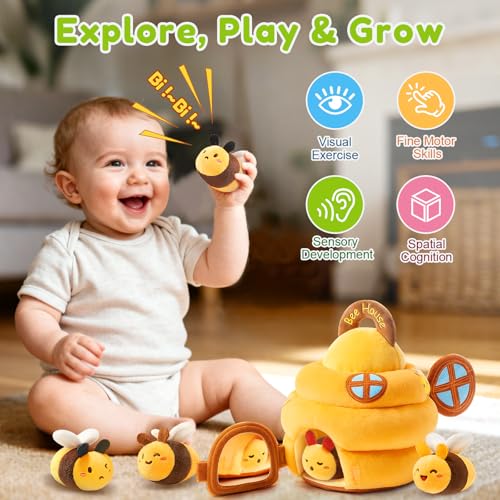 Montessori Beehive Sensory Toy | 5 Plush Bees for Babies 6-12 Months