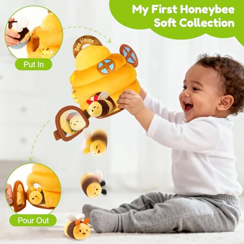 Montessori Beehive Sensory Toy | 5 Plush Bees for Babies 6-12 Months