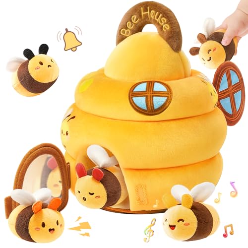 Montessori Beehive Sensory Toy | 5 Plush Bees for Babies 6-12 Months