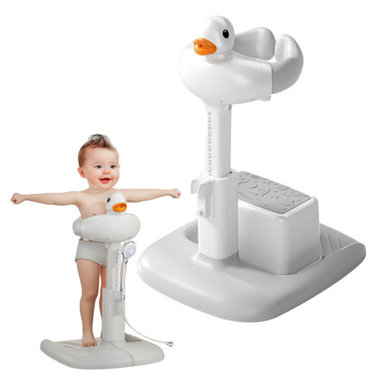 BEBECAN Adjustable Baby Shower Standing Support with Seat & Anti-Slip Base for Bath Tub, 2 in 1 Stand Up Safe Bathing for 6–36 Months, Free Mother Hands with Shower Holder