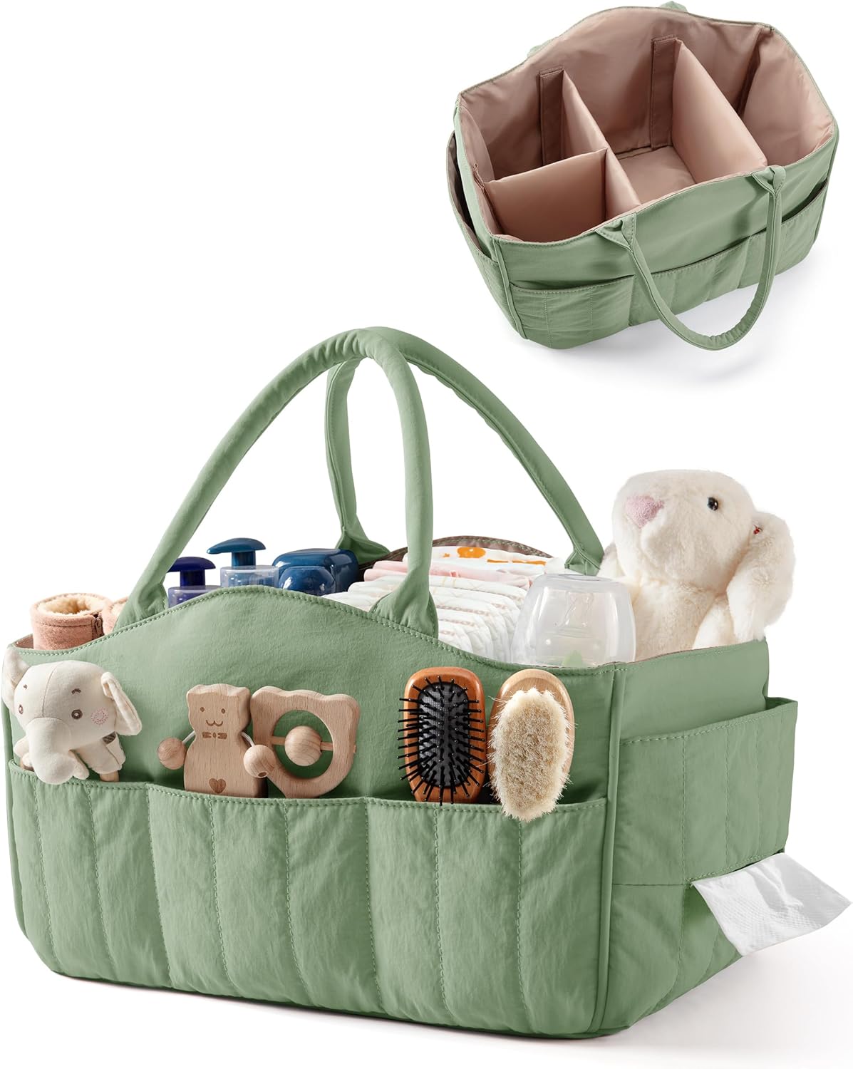 Baby Diaper Caddy with Detachable Dividers and Wipes Pocket, Lightweight Baby Caddy Organizer with Handles and 8 Pockets for Baby Stuff, Camel